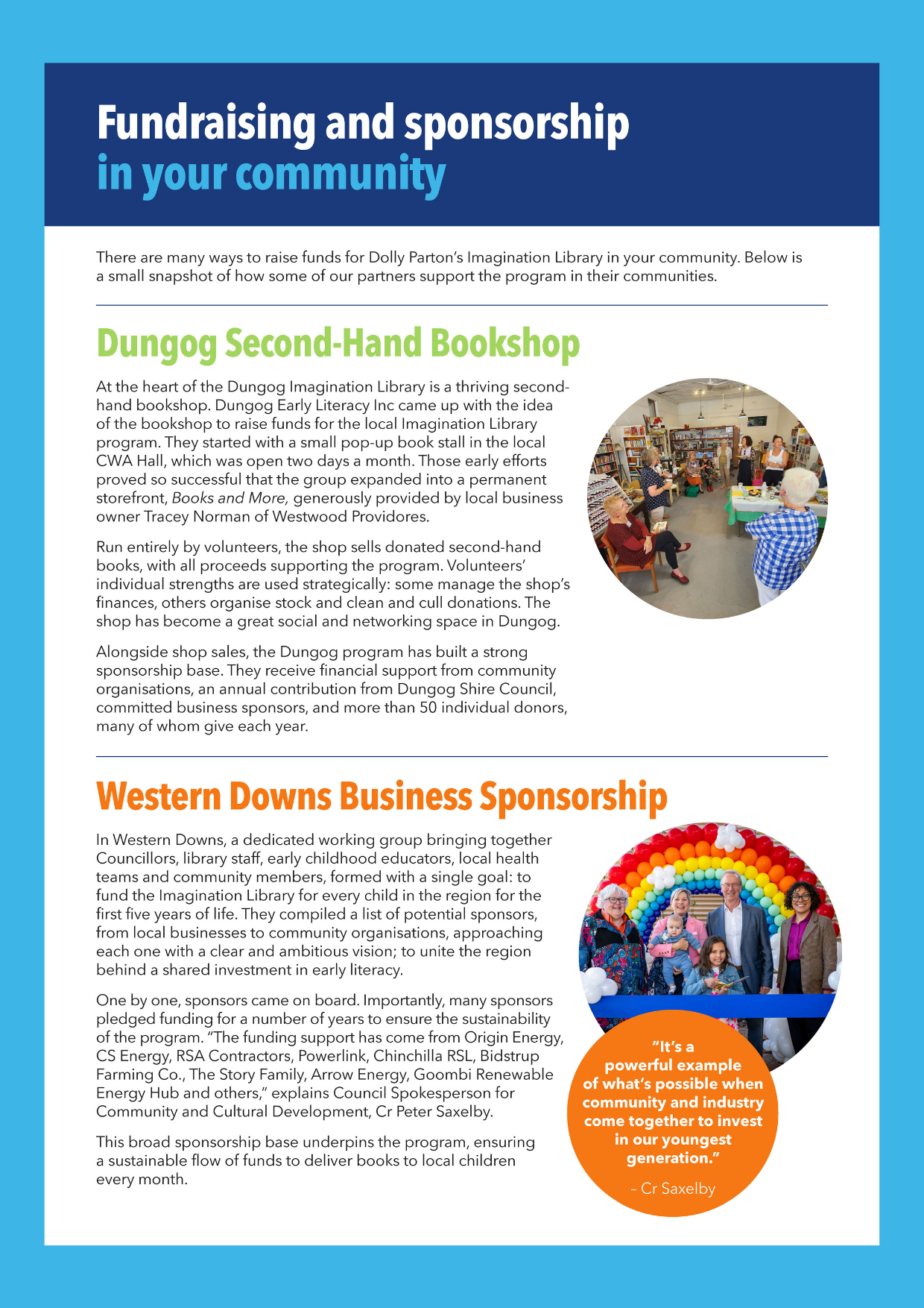 Preview image of the Funding Case Studies document for Dolly Parton’s Imagination Library showing examples of community fundraising approaches.